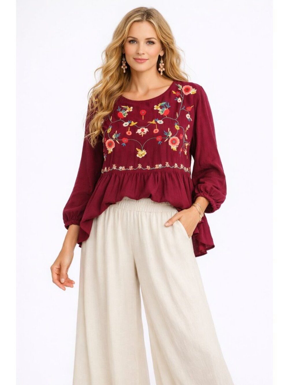 Jodiel Cottage Core Boho Chic Peasant Wine Red Floral Embroidered Blouse Women M